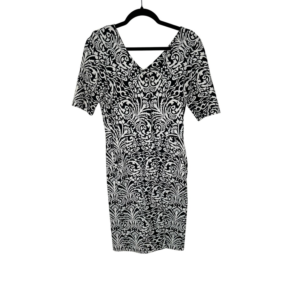 J. McLaughlin Catalina Cloth Dress M Black White Damask Faux Wrap Pockets Travel